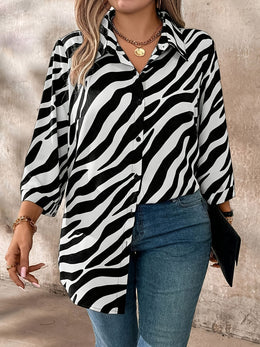KissICON Plus Size - Plus Size, Women'S Plus Size Elegant Blouse - Long Sleeve Button-Front Shirt in Black & White Zebra Stripe, Loose Fit Non-See-Through Office & Everyday Blouse for Women, All-Season Professional Casual Outfits, Ver