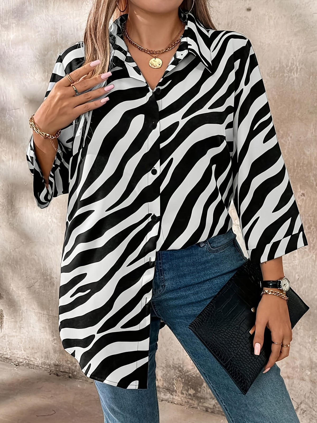 KissICON Plus Size - Plus Size, Women'S Plus Size Elegant Blouse - Long Sleeve Button-Front Shirt in Black & White Zebra Stripe, Loose Fit Non-See-Through Office & Everyday Blouse for Women, All-Season Professional Casual Outfits, Ver