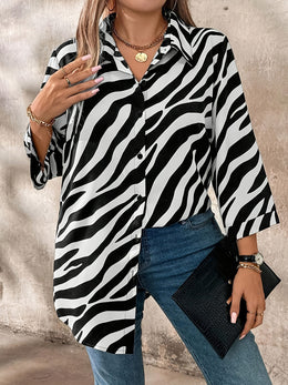 KissICON Plus Size - Plus Size, Women'S Plus Size Elegant Blouse - Long Sleeve Button-Front Shirt in Black & White Zebra Stripe, Loose Fit Non-See-Through Office & Everyday Blouse for Women, All-Season Professional Casual Outfits, Ver