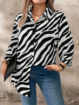 KissICON Plus Size - Plus Size, Women'S Plus Size Elegant Blouse - Long Sleeve Button-Front Shirt in Black & White Zebra Stripe, Loose Fit Non-See-Through Office & Everyday Blouse for Women, All-Season Professional Casual Outfits, Ver