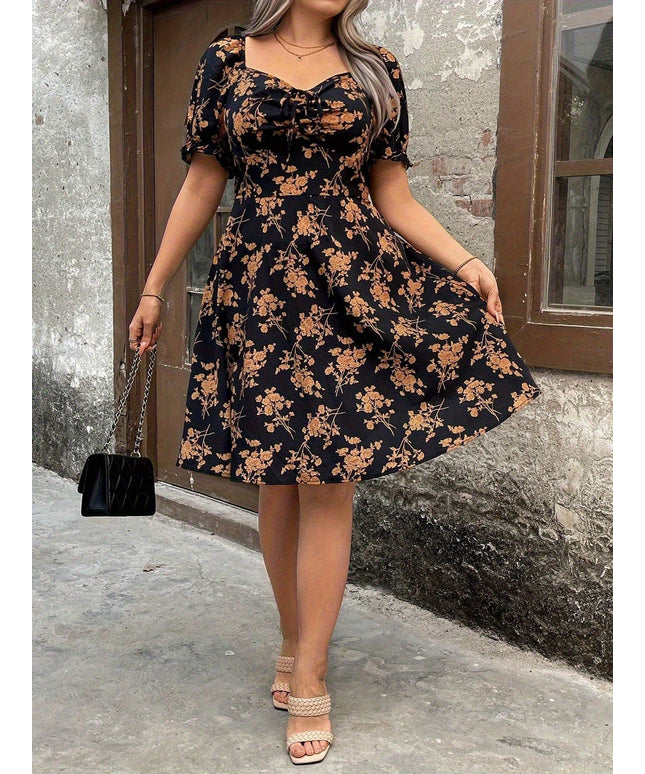 jkthpu-45 Plus Size - Plus Size, Women'S Plus Size Elegant Floral-like Dress - Flared skirt, All-Season Party & Everyday Outfit - Elegant Vintage Formal Casual Dress for Women, Cute Dresses, Summer Outfit, Medium Stretch Fabric, Flowy Skirt Style, Comfortable Fit,