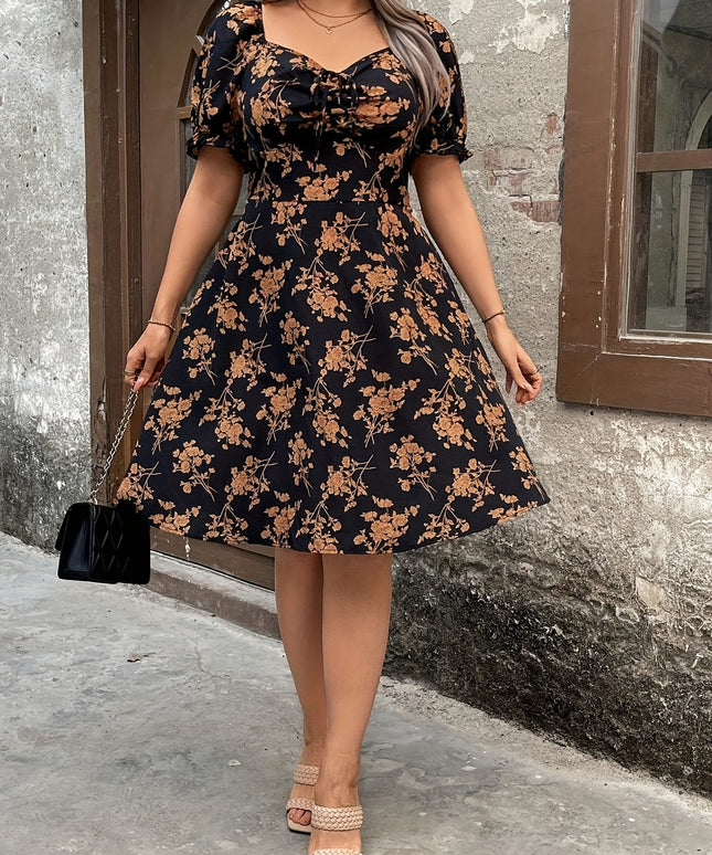 jkthpu-45 Plus Size - Plus Size, Women'S Plus Size Elegant Floral-like Dress - Flared skirt, All-Season Party & Everyday Outfit - Elegant Vintage Formal Casual Dress for Women, Cute Dresses, Summer Outfit, Medium Stretch Fabric, Flowy Skirt Style, Comfortable Fit,
