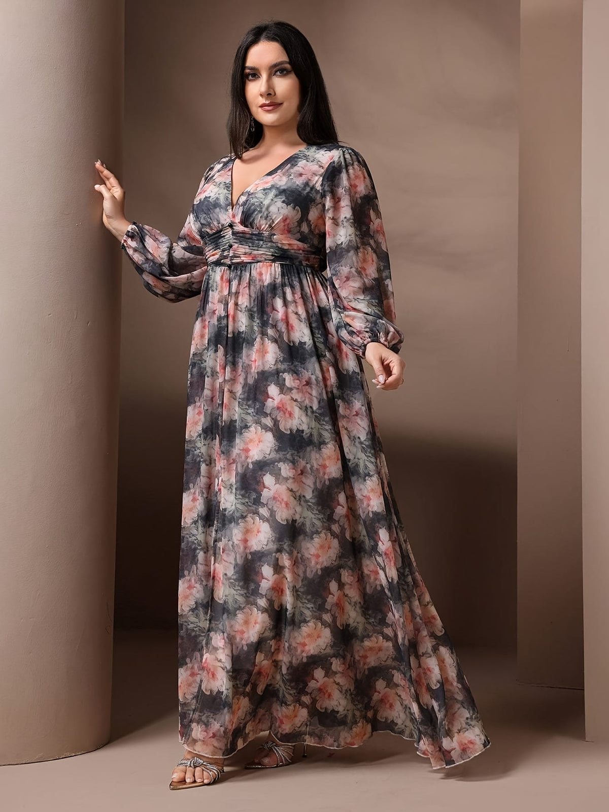 jkthpu-45 Plus Size - Plus Size, Women'S Plus Size Elegant Floral maxi dress - Flowy Formal & Casual gown with V-Neck, Flared Hem, Non-Stretchy Fabric for Weddings, Parties, Everyday Outfits - TOLEEN, Wedding Guest Outfit, Balloon Sleeves, Quality Stitching, Curvy