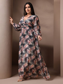 jkthpu-45 Plus Size - Plus Size, Women'S Plus Size Elegant Floral maxi dress - Flowy Formal & Casual gown with V-Neck, Flared Hem, Non-Stretchy Fabric for Weddings, Parties, Everyday Outfits - TOLEEN, Wedding Guest Outfit, Balloon Sleeves, Quality Stitching, Curvy