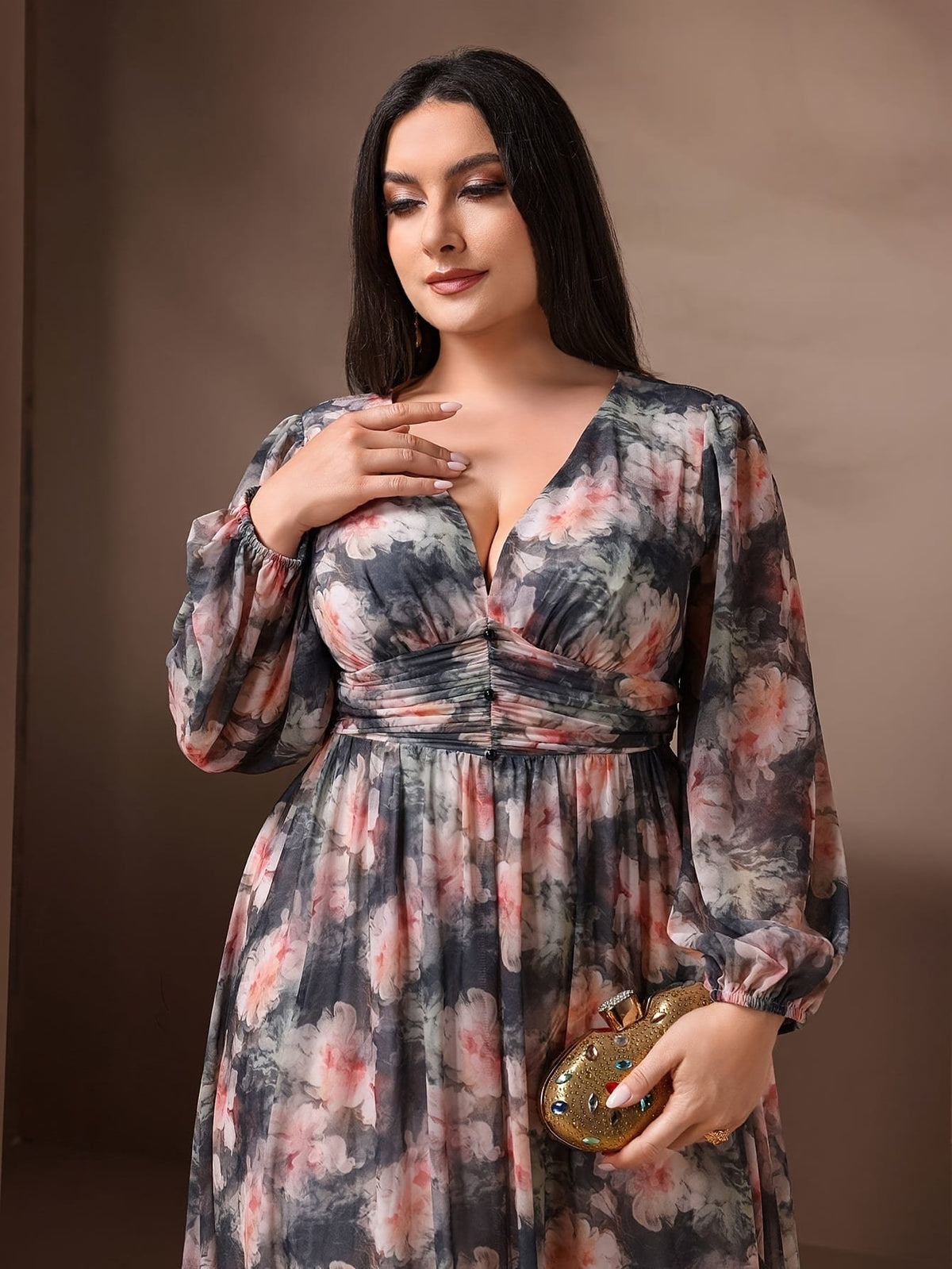 jkthpu-45 Plus Size - Plus Size, Women'S Plus Size Elegant Floral maxi dress - Flowy Formal & Casual gown with V-Neck, Flared Hem, Non-Stretchy Fabric for Weddings, Parties, Everyday Outfits - TOLEEN, Wedding Guest Outfit, Balloon Sleeves, Quality Stitching, Curvy