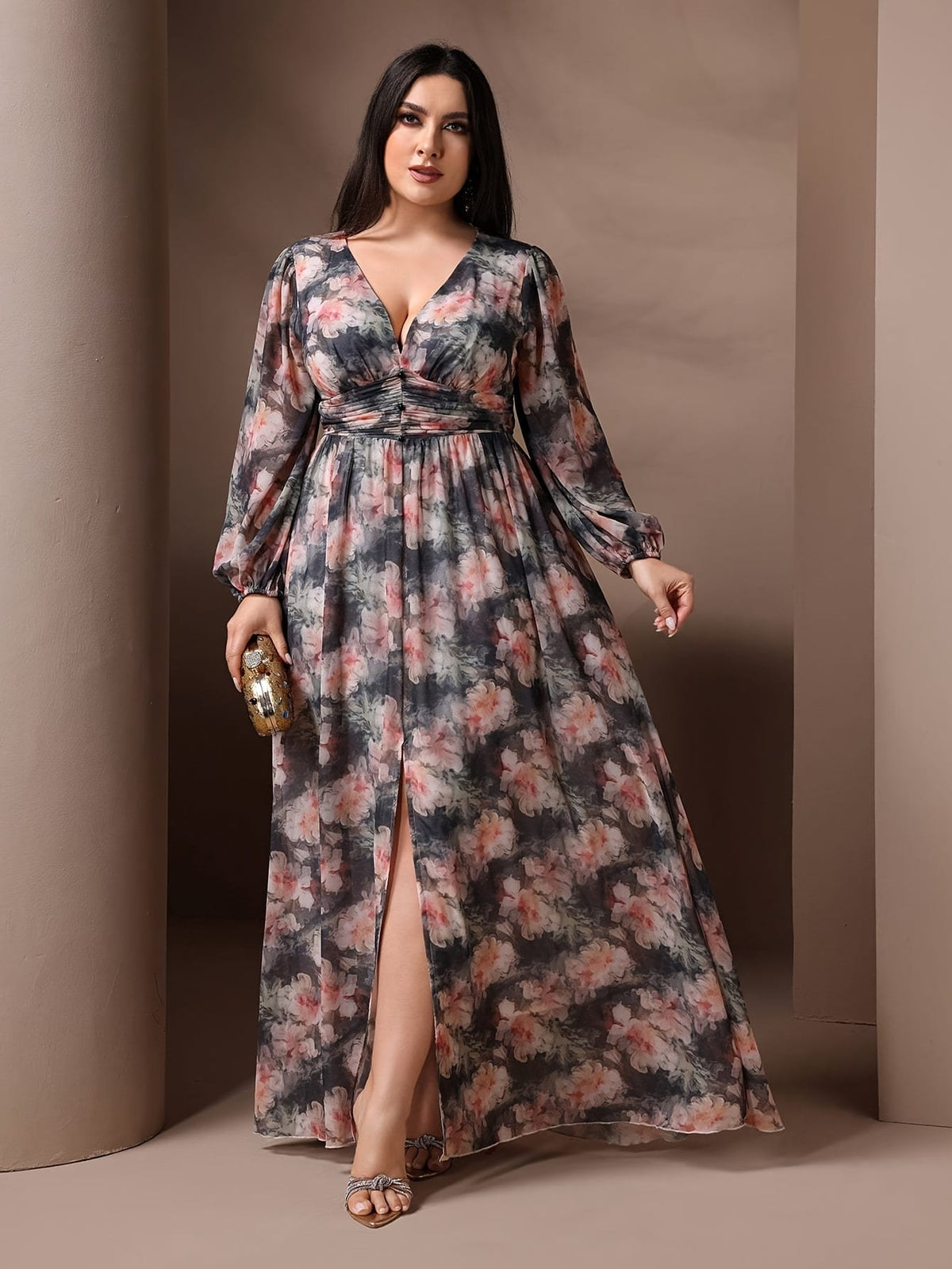 jkthpu-45 Plus Size - Plus Size, Women'S Plus Size Elegant Floral maxi dress - Flowy Formal & Casual gown with V-Neck, Flared Hem, Non-Stretchy Fabric for Weddings, Parties, Everyday Outfits - TOLEEN, Wedding Guest Outfit, Balloon Sleeves, Quality Stitching, Curvy