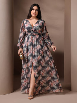 jkthpu-45 Plus Size - Plus Size, Women'S Plus Size Elegant Floral maxi dress - Flowy Formal & Casual gown with V-Neck, Flared Hem, Non-Stretchy Fabric for Weddings, Parties, Everyday Outfits - TOLEEN, Wedding Guest Outfit, Balloon Sleeves, Quality Stitching, Curvy