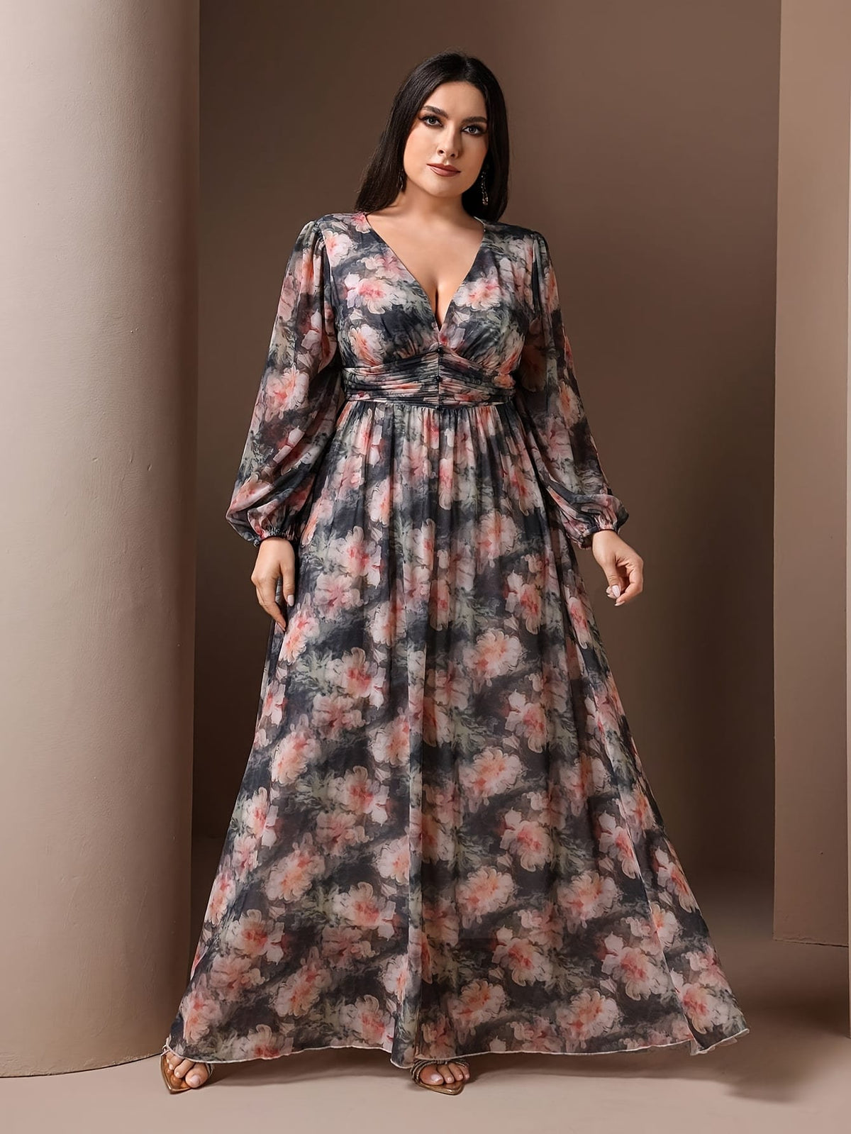 jkthpu-45 Plus Size - Plus Size, Women'S Plus Size Elegant Floral maxi dress - Flowy Formal & Casual gown with V-Neck, Flared Hem, Non-Stretchy Fabric for Weddings, Parties, Everyday Outfits - TOLEEN, Wedding Guest Outfit, Balloon Sleeves, Quality Stitching, Curvy
