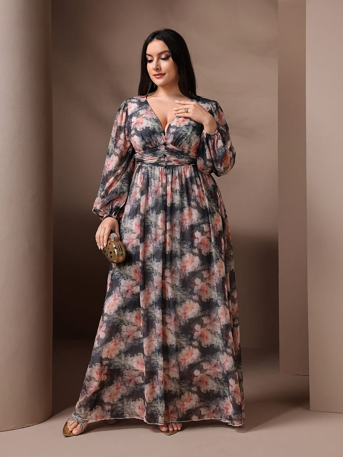 jkthpu-45 Plus Size - Plus Size, Women'S Plus Size Elegant Floral maxi dress - Flowy Formal & Casual gown with V-Neck, Flared Hem, Non-Stretchy Fabric for Weddings, Parties, Everyday Outfits - TOLEEN, Wedding Guest Outfit, Balloon Sleeves, Quality Stitching, Curvy
