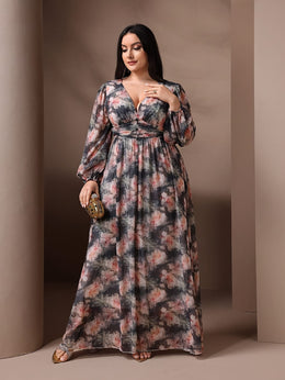 jkthpu-45 Plus Size - Plus Size, Women'S Plus Size Elegant Floral maxi dress - Flowy Formal & Casual gown with V-Neck, Flared Hem, Non-Stretchy Fabric for Weddings, Parties, Everyday Outfits - TOLEEN, Wedding Guest Outfit, Balloon Sleeves, Quality Stitching, Curvy