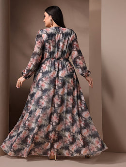 jkthpu-45 Plus Size - Plus Size, Women'S Plus Size Elegant Floral maxi dress - Flowy Formal & Casual gown with V-Neck, Flared Hem, Non-Stretchy Fabric for Weddings, Parties, Everyday Outfits - TOLEEN, Wedding Guest Outfit, Balloon Sleeves, Quality Stitching, Curvy