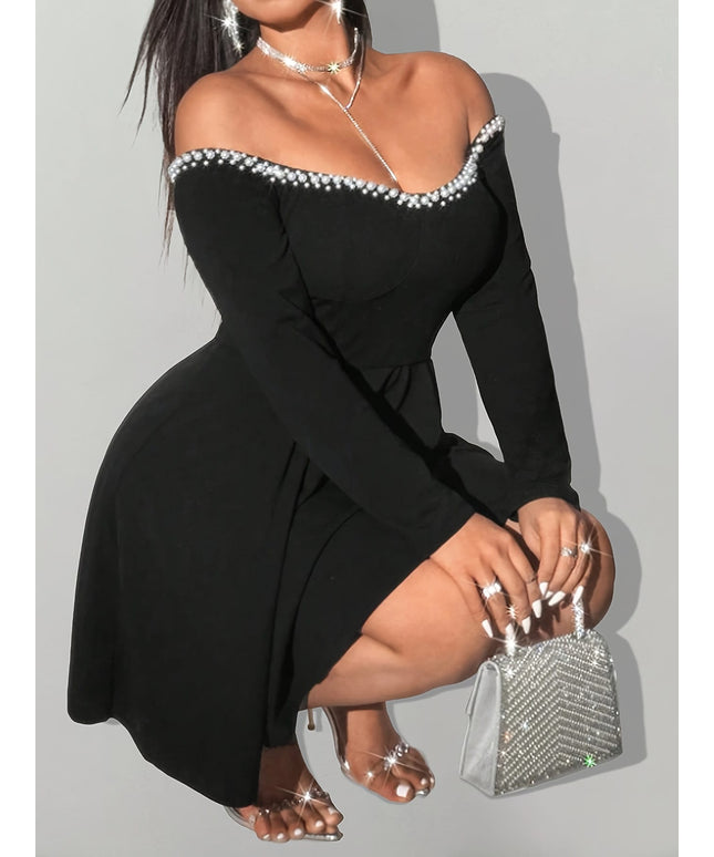 jkthpu-45 Plus Size - Plus Size, Women'S Plus Size Elegant One-Shoulder/Off-the-Shoulder party dress - Long Sleeve Formal event gown, Flattering Fit for Evening Outings, Dates, Galas - Fall/Winter Formal Attire, Formal Dresses, Date Night Outfit, Sophisticated Styl