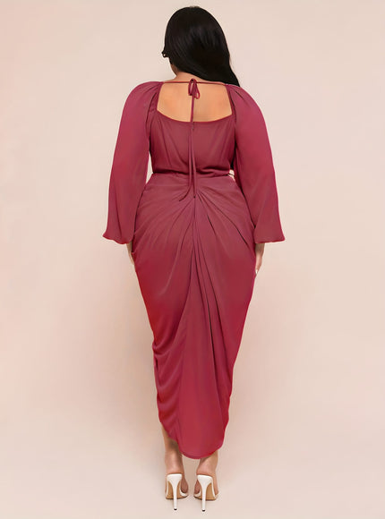 jkthpu-45 Plus Size - Plus Size, Women'S Plus Size Elegant Party & Formal Dress - Long Sleeve Batwing gown, Non-Stretchy Fabric, Flared Hem, Formal Events, Parties, Dates - Elegant Evening Outfits for Women, Date Night Attire, Sophisticated Design
