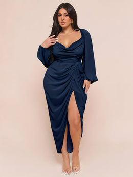 jkthpu-45 Plus Size - Plus Size, Women'S Plus Size Elegant Party & Formal Dress - Long Sleeve Batwing gown, Non-Stretchy Fabric, Flared Hem, Formal Events, Parties, Dates - Elegant Evening Outfits for Women, Date Night Attire, Sophisticated Design