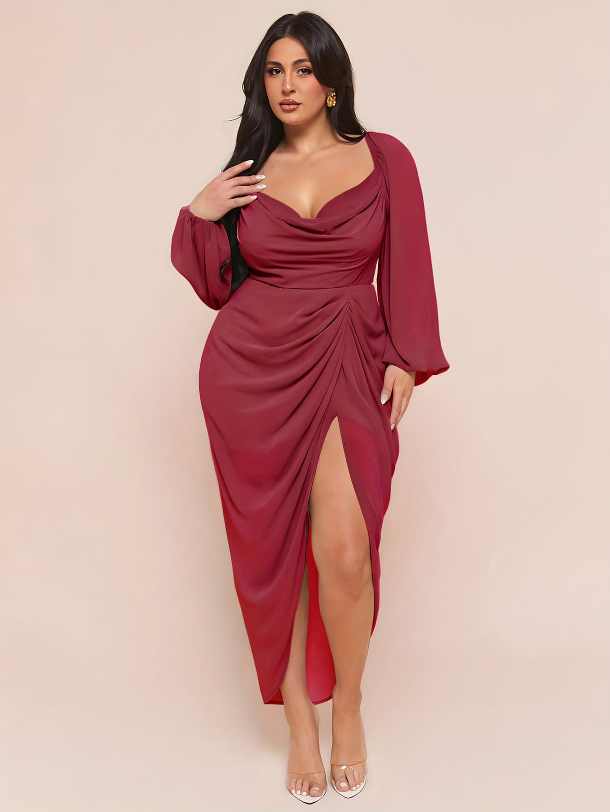jkthpu-45 Plus Size - Plus Size, Women'S Plus Size Elegant Party & Formal Dress - Long Sleeve Batwing gown, Non-Stretchy Fabric, Flared Hem, Formal Events, Parties, Dates - Elegant Evening Outfits for Women, Date Night Attire, Sophisticated Design