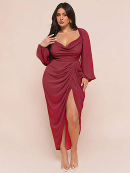 jkthpu-45 Plus Size - Plus Size, Women'S Plus Size Elegant Party & Formal Dress - Long Sleeve Batwing gown, Non-Stretchy Fabric, Flared Hem, Formal Events, Parties, Dates - Elegant Evening Outfits for Women, Date Night Attire, Sophisticated Design