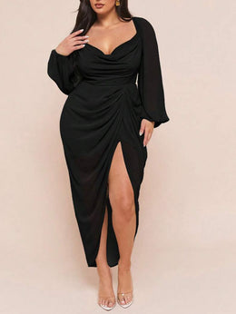 jkthpu-45 Plus Size - Plus Size, Women'S Plus Size Elegant Party & Formal Dress - Long Sleeve Batwing gown, Non-Stretchy Fabric, Flared Hem, Formal Events, Parties, Dates - Elegant Evening Outfits for Women, Date Night Attire, Sophisticated Design