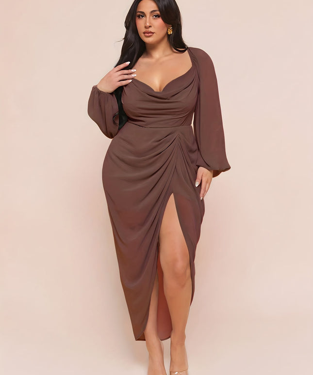 jkthpu-45 Plus Size - Plus Size, Women'S Plus Size Elegant Party & Formal Dress - Long Sleeve Batwing gown, Non-Stretchy Fabric, Flared Hem, Formal Events, Parties, Dates - Elegant Evening Outfits for Women, Date Night Attire, Sophisticated Design