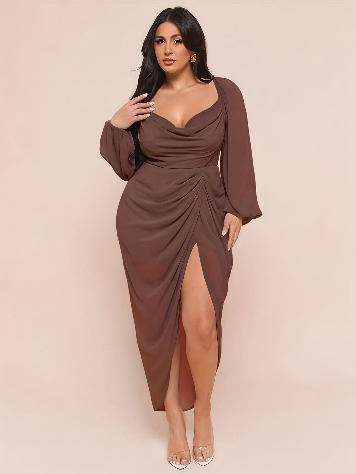 jkthpu-45 Plus Size - Plus Size, Women'S Plus Size Elegant Party & Formal Dress - Long Sleeve Batwing gown, Non-Stretchy Fabric, Flared Hem, Formal Events, Parties, Dates - Elegant Evening Outfits for Women, Date Night Attire, Sophisticated Design