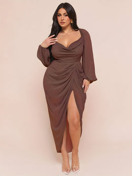 jkthpu-45 Plus Size - Plus Size, Women'S Plus Size Elegant Party & Formal Dress - Long Sleeve Batwing gown, Non-Stretchy Fabric, Flared Hem, Formal Events, Parties, Dates - Elegant Evening Outfits for Women, Date Night Attire, Sophisticated Design