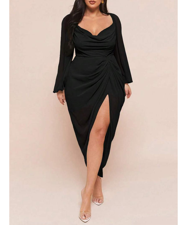 jkthpu-45 Plus Size - Plus Size, Women'S Plus Size Elegant Party & Formal Dress - Long Sleeve Batwing gown, Non-Stretchy Fabric, Flared Hem, Formal Events, Parties, Dates - Elegant Evening Outfits for Women, Date Night Attire, Sophisticated Design