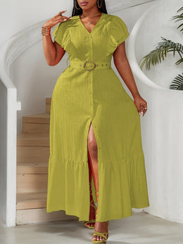 jkthpu-45 Plus Size - Plus Size, Women'S Plus Size Elegant V-Neck Maxi Dress - Flattering A-Line Formal & Casual Outfit, Non-Stretchy Fabric, Belted Waist for Curvy Women - Office, Party, Everyday Summer Dresses, Party Attire, Flowy Fabric Gown, Office Attire, Brea