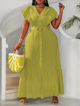 jkthpu-45 Plus Size - Plus Size, Women'S Plus Size Elegant V-Neck Maxi Dress - Flattering A-Line Formal & Casual Outfit, Non-Stretchy Fabric, Belted Waist for Curvy Women - Office, Party, Everyday Summer Dresses, Party Attire, Flowy Fabric Gown, Office Attire, Brea