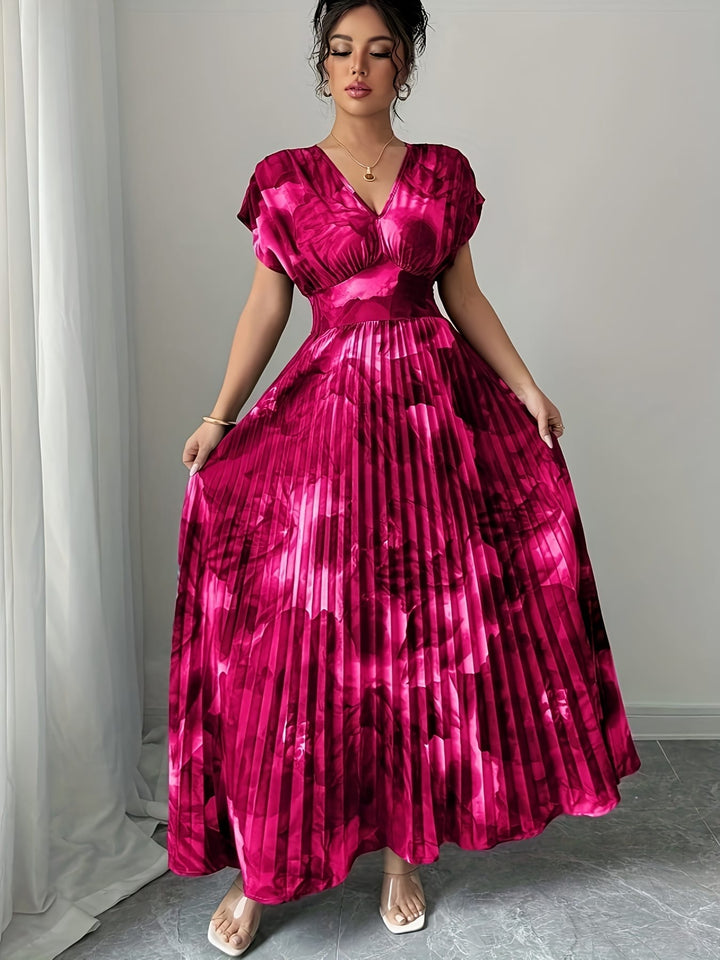 Plus Size - Plus Size, Women'S Plus Size Floral Print maxi Dress - Elegant V-Neck Batwing Sleeve Formal & casual Dresses, Non-Stretchy Fabric for Wedding, Party, Vacation - Flattering Fit & Easy Care, Summer Outfit, Batwing Sleeves, Lightweight Material,