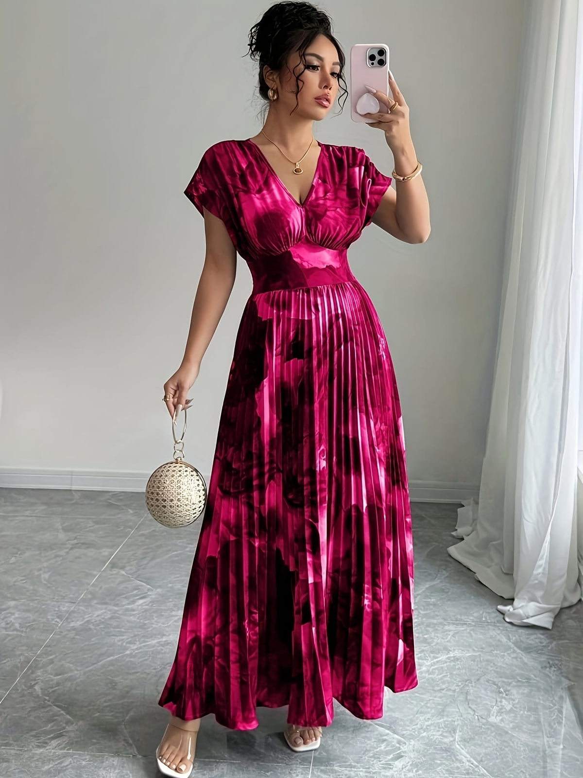 jkthpu-45 Plus Size - Plus Size, Women'S Plus Size Floral Print maxi Dress - Elegant V-Neck Batwing Sleeve Formal & casual Dresses, Non-Stretchy Fabric for Wedding, Party, Vacation - Flattering Fit & Easy Care, Summer Outfit, Batwing Sleeves, Lightweight Material,
