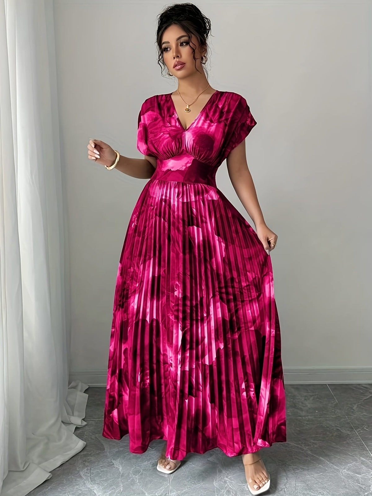 jkthpu-45 Plus Size - Plus Size, Women'S Plus Size Floral Print maxi Dress - Elegant V-Neck Batwing Sleeve Formal & casual Dresses, Non-Stretchy Fabric for Wedding, Party, Vacation - Flattering Fit & Easy Care, Summer Outfit, Batwing Sleeves, Lightweight Material,