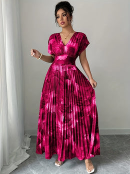 jkthpu-45 Plus Size - Plus Size, Women'S Plus Size Floral Print maxi Dress - Elegant V-Neck Batwing Sleeve Formal & casual Dresses, Non-Stretchy Fabric for Wedding, Party, Vacation - Flattering Fit & Easy Care, Summer Outfit, Batwing Sleeves, Lightweight Material,