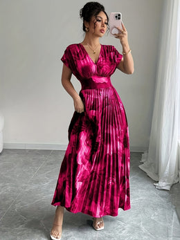 jkthpu-45 Plus Size - Plus Size, Women'S Plus Size Floral Print maxi Dress - Elegant V-Neck Batwing Sleeve Formal & casual Dresses, Non-Stretchy Fabric for Wedding, Party, Vacation - Flattering Fit & Easy Care, Summer Outfit, Batwing Sleeves, Lightweight Material,