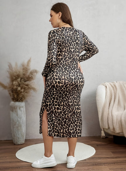 jkthpu-45 Plus Size - Plus Size, Women'S Plus Size Leopard Print Dress - Elegant Long Sleeve Midi Dress with Side Slit, Stretchy Fabric for Fall/Winter, Party, Office, Everyday Outfits - Non-See-Through Formal & Casual Outfits, Party Attire, Round Neckline, Comfort