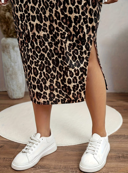 jkthpu-45 Plus Size - Plus Size, Women'S Plus Size Leopard Print Dress - Elegant Long Sleeve Midi Dress with Side Slit, Stretchy Fabric for Fall/Winter, Party, Office, Everyday Outfits - Non-See-Through Formal & Casual Outfits, Party Attire, Round Neckline, Comfort