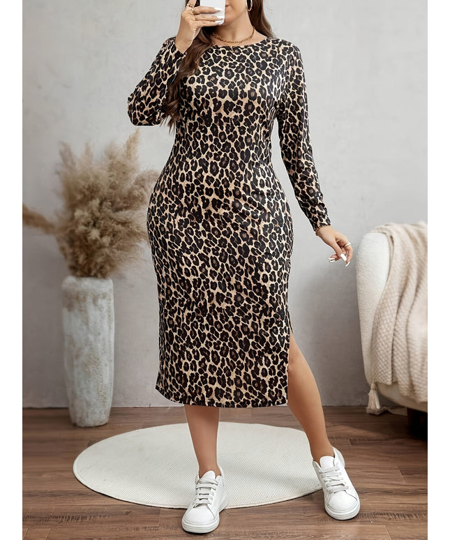 jkthpu-45 Plus Size - Plus Size, Women'S Plus Size Leopard Print Dress - Elegant Long Sleeve Midi Dress with Side Slit, Stretchy Fabric for Fall/Winter, Party, Office, Everyday Outfits - Non-See-Through Formal & Casual Outfits, Party Attire, Round Neckline, Comfort