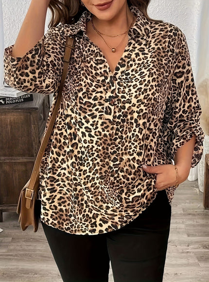 KissICON Plus Size - Plus Size - Women'S Plus-Size Trendy Leopard Print V-Neck Top, a Must-Have Fashion Item Featuring Popular Leopard Print with 3/4 Sleeves., This Classic Round Neck Blouse Features Short Rolled Sleeves with a Flared