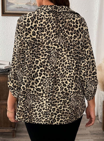 KissICON Plus Size - Plus Size - Women'S Plus-Size Trendy Leopard Print V-Neck Top, a Must-Have Fashion Item Featuring Popular Leopard Print with 3/4 Sleeves., This Classic Round Neck Blouse Features Short Rolled Sleeves with a Flared