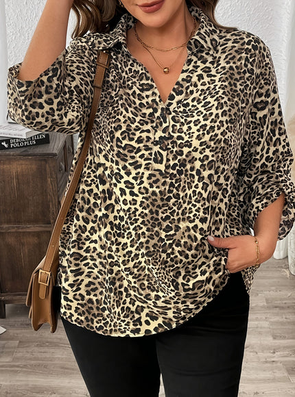 KissICON Plus Size - Plus Size - Women'S Plus-Size Trendy Leopard Print V-Neck Top, a Must-Have Fashion Item Featuring Popular Leopard Print with 3/4 Sleeves., This Classic Round Neck Blouse Features Short Rolled Sleeves with a Flared