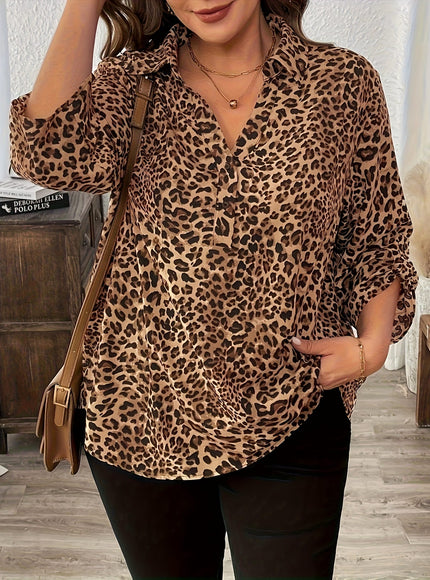 KissICON Plus Size - Plus Size - Women'S Plus-Size Trendy Leopard Print V-Neck Top, a Must-Have Fashion Item Featuring Popular Leopard Print with 3/4 Sleeves., This Classic Round Neck Blouse Features Short Rolled Sleeves with a Flared
