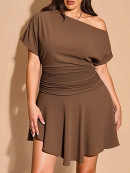jkthpu-45 Plus Size, Plus Size Women's Short Dress, Black One-Shoulder Off Shoulder A-Line Asymmetric Hem Bodycon Party Date Casual Wear