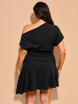 jkthpu-45 Plus Size, Plus Size Women's Short Dress, Black One-Shoulder Off Shoulder A-Line Asymmetric Hem Bodycon Party Date Casual Wear