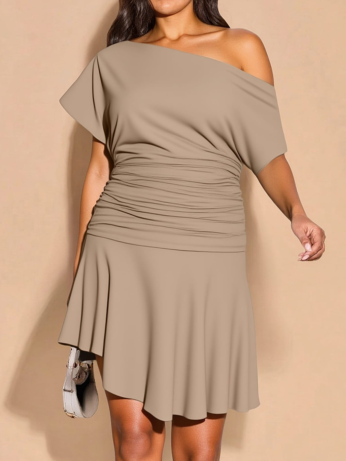 jkthpu-45 Plus Size, Plus Size Women's Short Dress, Black One-Shoulder Off Shoulder A-Line Asymmetric Hem Bodycon Party Date Casual Wear