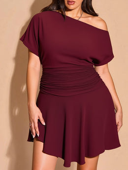 jkthpu-45 Plus Size, Plus Size Women's Short Dress, Black One-Shoulder Off Shoulder A-Line Asymmetric Hem Bodycon Party Date Casual Wear
