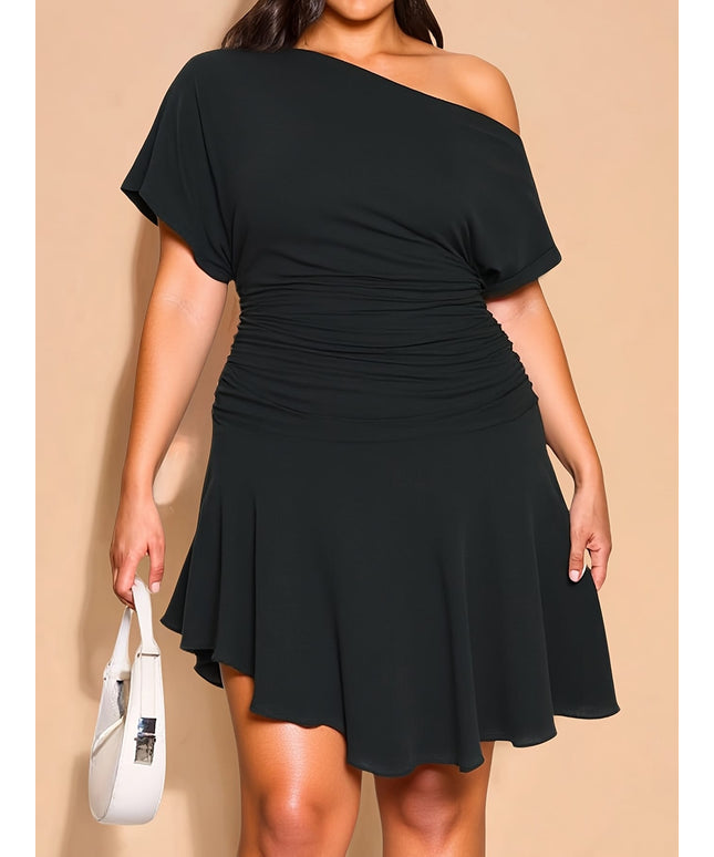 jkthpu-45 Plus Size, Plus Size Women's Short Dress, Black One-Shoulder Off Shoulder A-Line Asymmetric Hem Bodycon Party Date Casual Wear