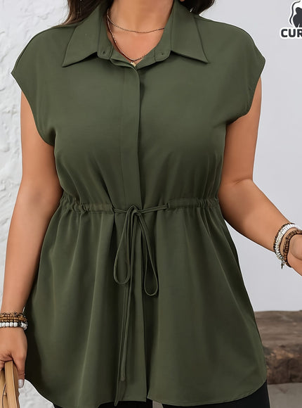 KissICON Plus Size - Plus Size Women'S Sleeveless Blouse - Solid Color Purple with Drawstring Waist, Casual Button-Up Shirt, Non-Stretch Fabric, Perfect for Casual Attire, Casual Attire Blouse | Buttonup Shirt | Nonstretch Fabric