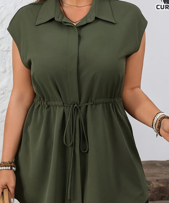 KissICON Plus Size - Plus Size Women'S Sleeveless Blouse - Solid Color Purple with Drawstring Waist, Casual Button-Up Shirt, Non-Stretch Fabric, Perfect for Casual Attire, Casual Attire Blouse | Buttonup Shirt | Nonstretch Fabric