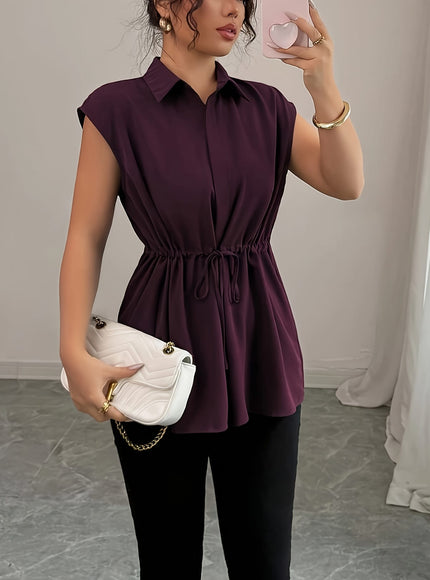 KissICON Plus Size - Plus Size Women'S Sleeveless Blouse - Solid Color Purple with Drawstring Waist, Casual Button-Up Shirt, Non-Stretch Fabric, Perfect for Casual Attire, Casual Attire Blouse | Buttonup Shirt | Nonstretch Fabric