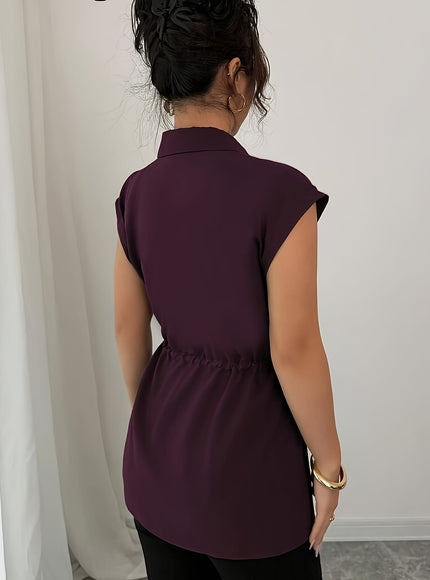 KissICON Plus Size - Plus Size Women'S Sleeveless Blouse - Solid Color Purple with Drawstring Waist, Casual Button-Up Shirt, Non-Stretch Fabric, Perfect for Casual Attire, Casual Attire Blouse | Buttonup Shirt | Nonstretch Fabric