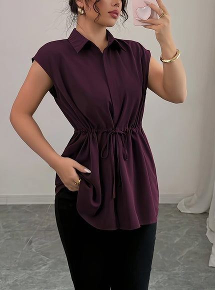 KissICON Plus Size - Plus Size Women'S Sleeveless Blouse - Solid Color Purple with Drawstring Waist, Casual Button-Up Shirt, Non-Stretch Fabric, Perfect for Casual Attire, Casual Attire Blouse | Buttonup Shirt | Nonstretch Fabric