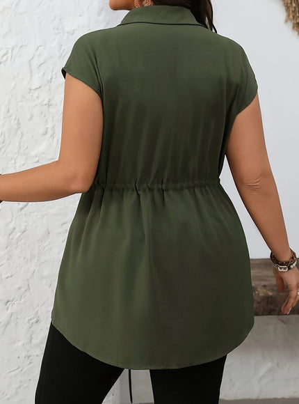 KissICON Plus Size - Plus Size Women'S Sleeveless Blouse - Solid Color Purple with Drawstring Waist, Casual Button-Up Shirt, Non-Stretch Fabric, Perfect for Casual Attire, Casual Attire Blouse | Buttonup Shirt | Nonstretch Fabric